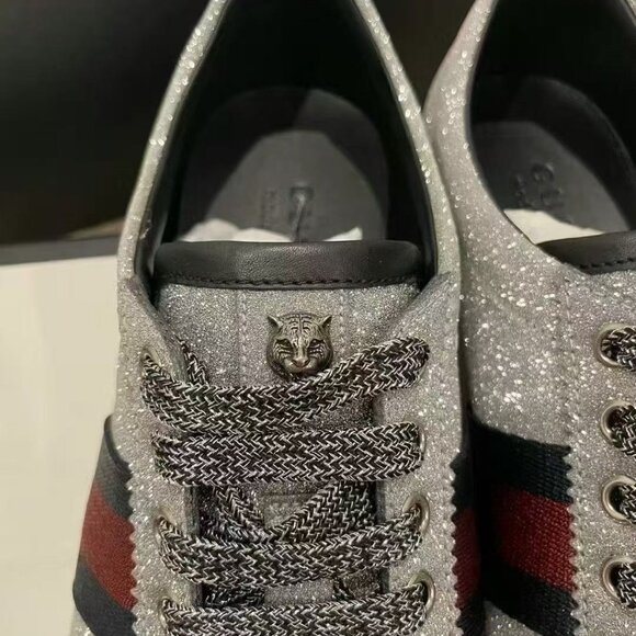 NIB Authentic Gucci Metallic Silver Glitter Bambi Web Detail Studded sneaker - Picture 3 of 5